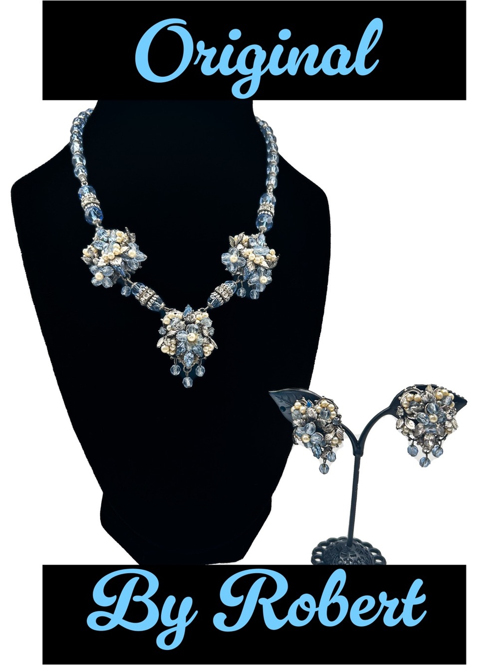 Vintage Original by Robert Blue Crystal Pearl Necklace Earrings Set Pre 1955
